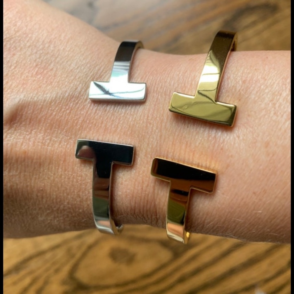 Double T Square Wide Bangle Bracelet Cuff Hinged 14k Gold Plated Stainless Steel